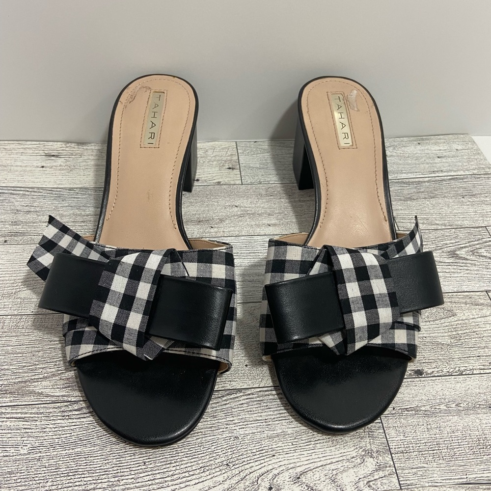 TAHARI SLIP ON SHOES. THESE SKUFFS ARE CUTE & ADORABLE WITH GINGHAM & BLACK BOW.
